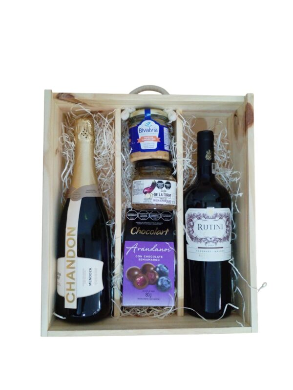 Combo Box Gourmet  en caja de madera Chandon Rutini  conservas y  chocolate - Imagen 2